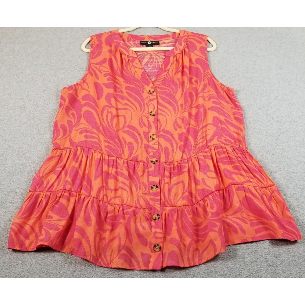 Ashley Stewart Top Womens 14W 16W Orange Pink Floral Sleeveless See Through Thin - Picture 1 of 9